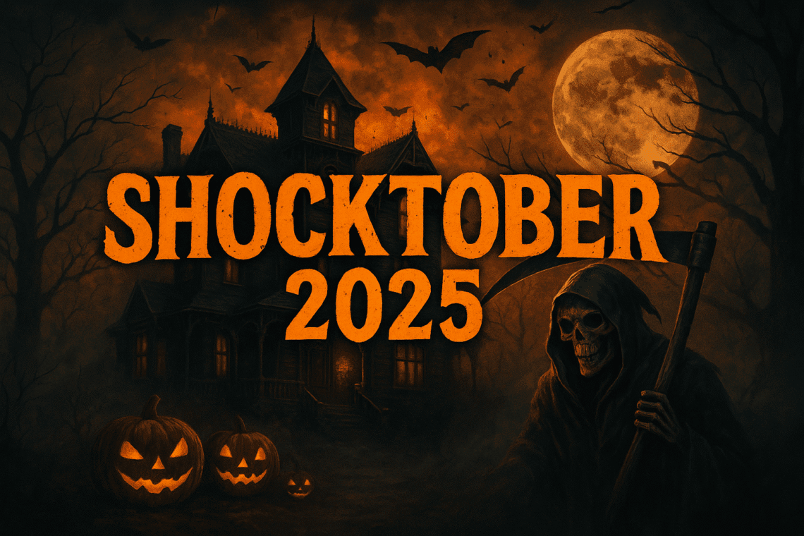 Promotional artwork for Shocktober Fest 2025 featuring a haunted mansion, glowing jack-o’-lanterns, bats flying across a full moon, and a grim reaper holding a scythe, with bold orange text reading ‘Shocktober 2025’