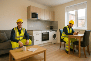Serviced apartment for construction workers in Crawley with private kitchen and lounge