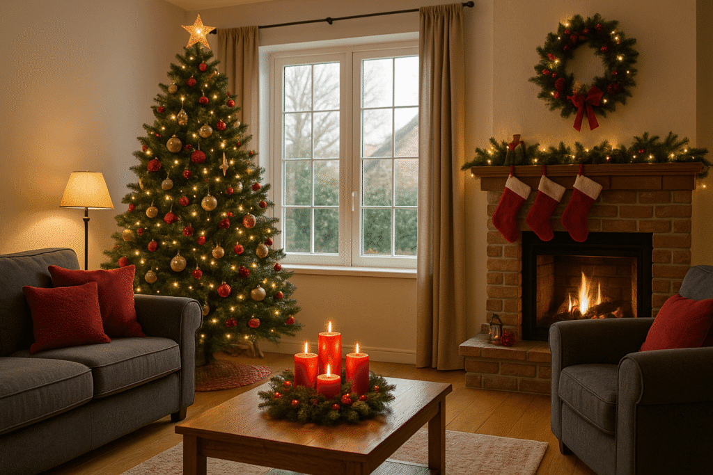 “Festive living room in a serviced apartment in Crawley or Horsham with Christmas decorations and a tree near the window.”